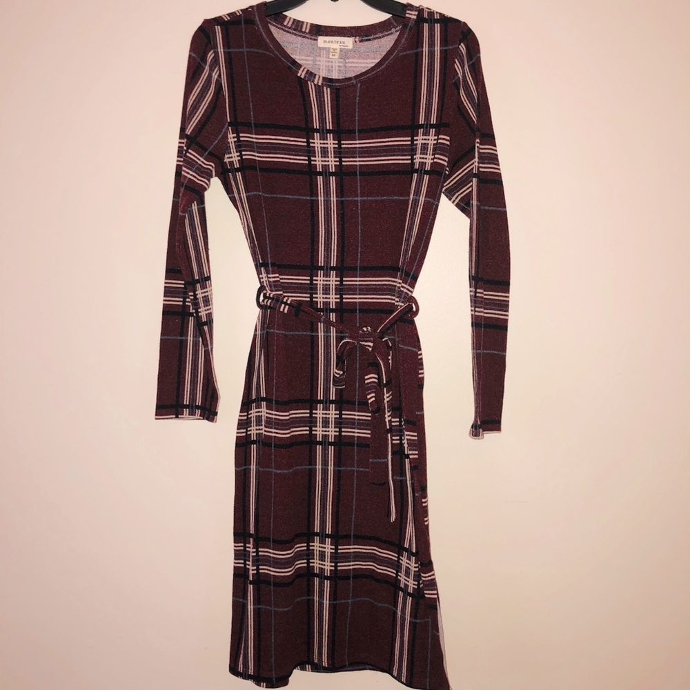 Burgundy plaid dress with belt